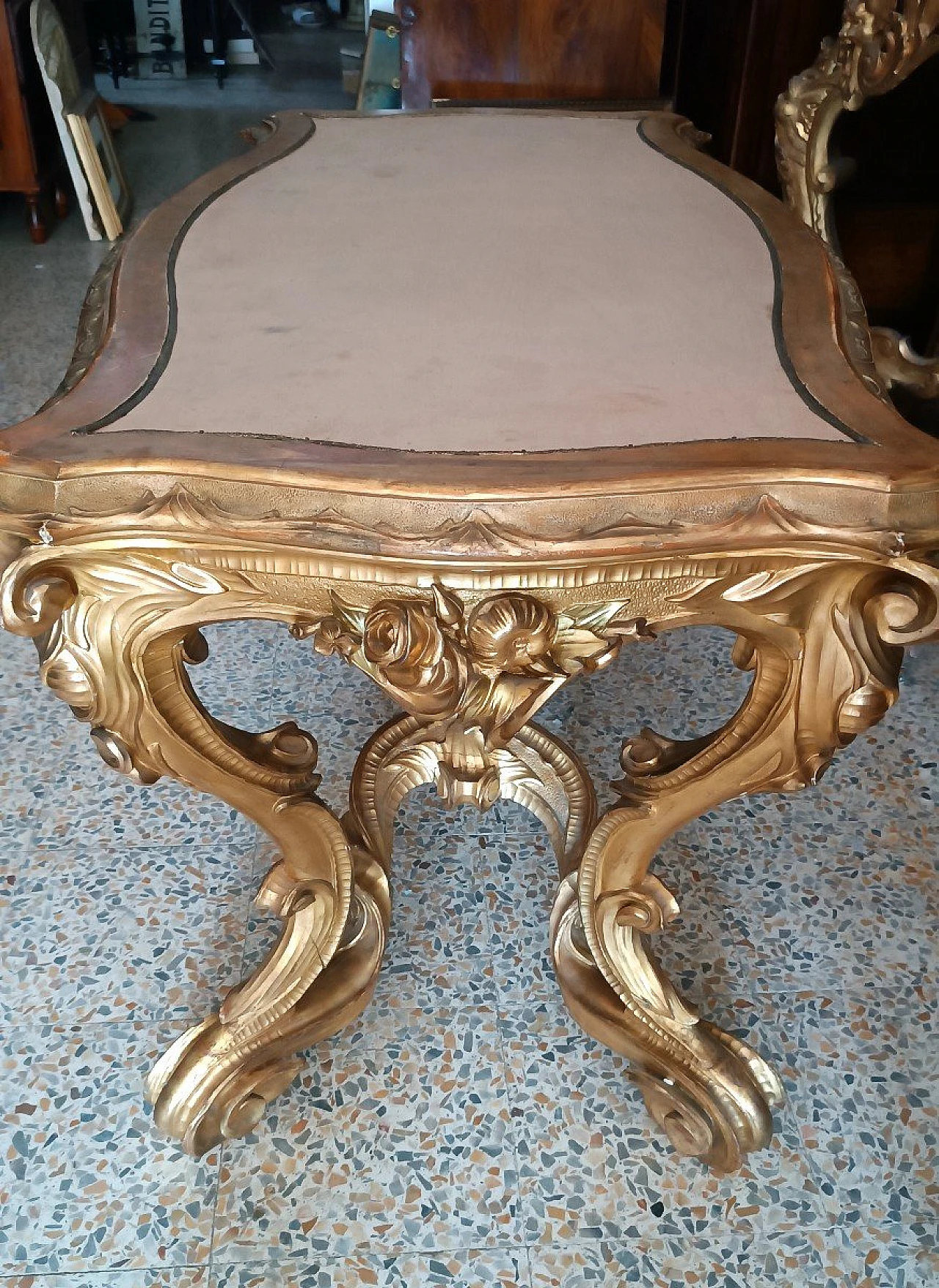 Coffee table in gilded & carved wood with fabric top, 19th century 4