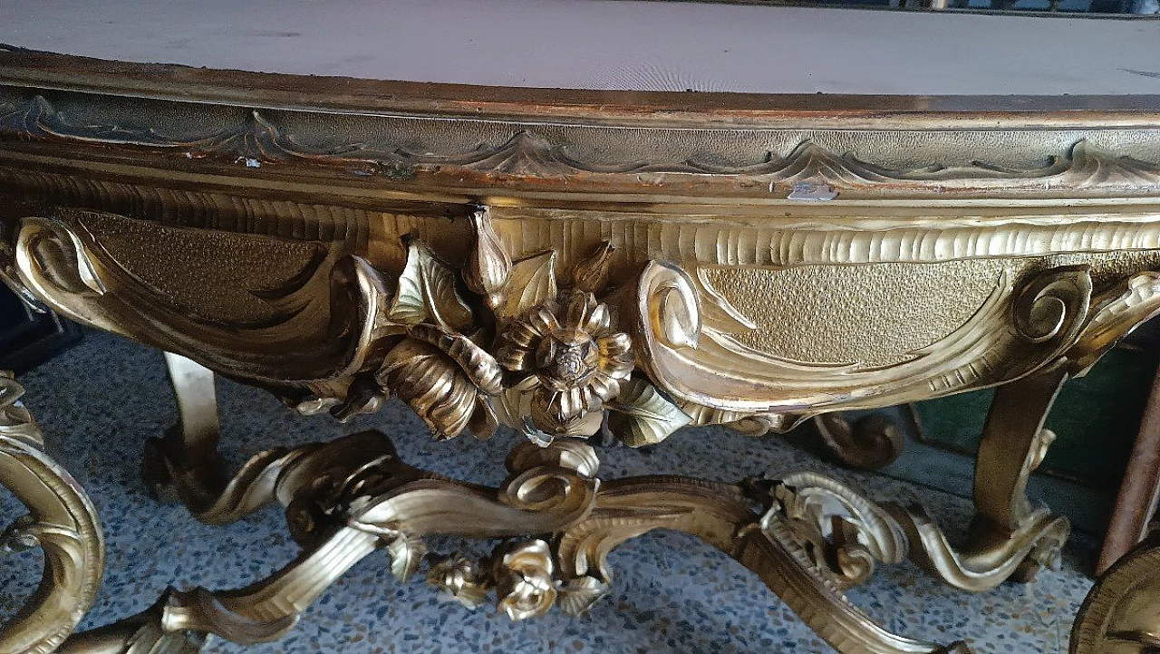 Coffee table in gilded & carved wood with fabric top, 19th century 6