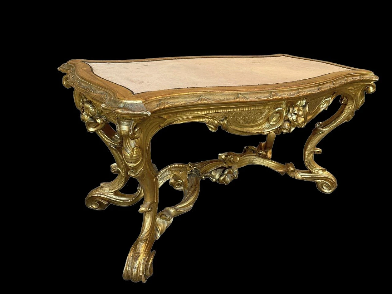 Coffee table in gilded & carved wood with fabric top, 19th century 9