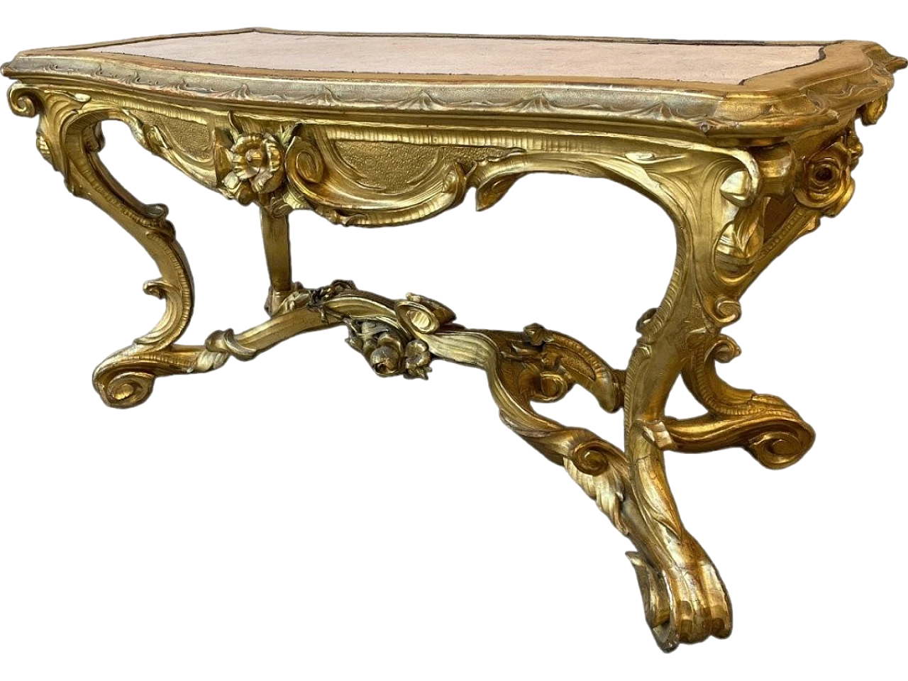 Coffee table in gilded & carved wood with fabric top, 19th century 10