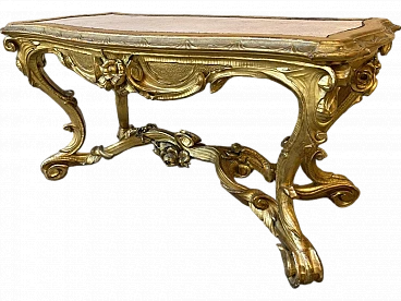 Coffee table in gilded & carved wood with fabric top, 19th century