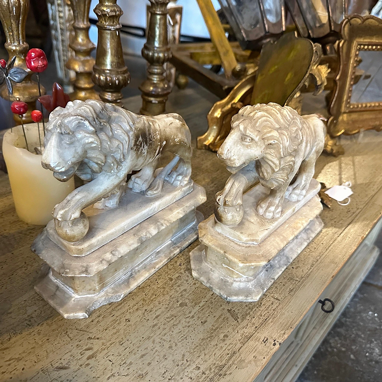 Pair of Roman-style alabaster lion sculptures, 1870 15