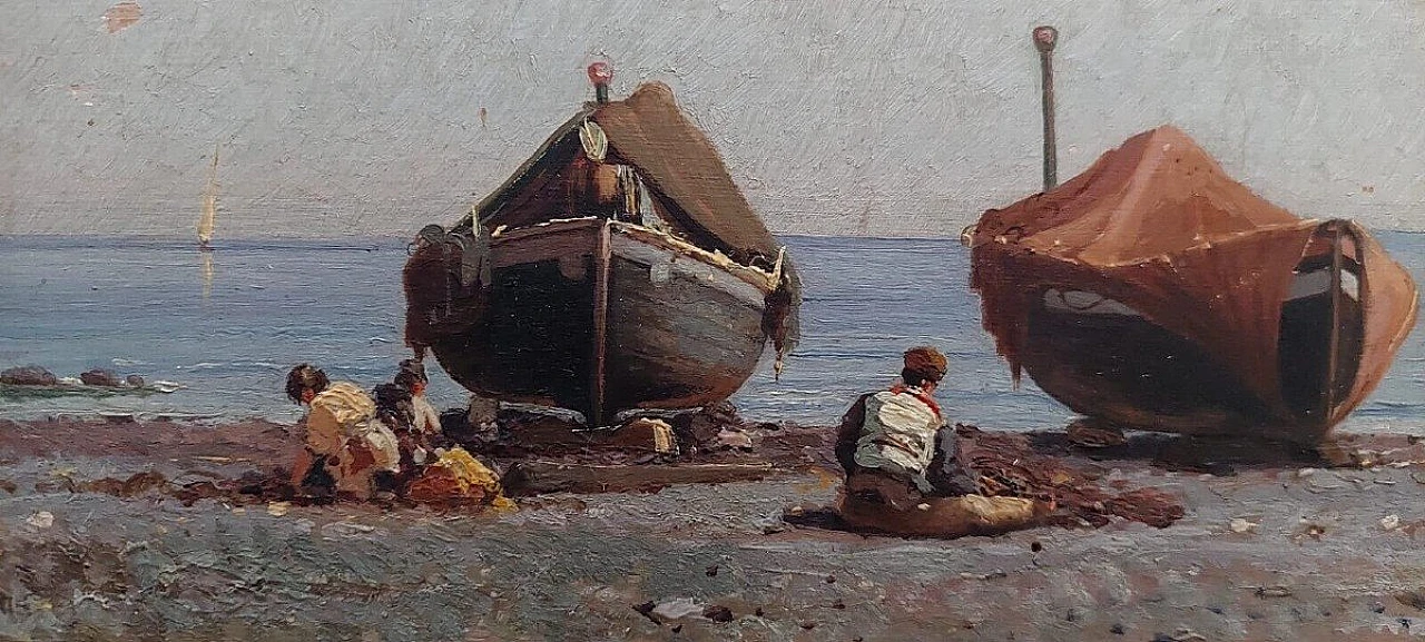 Augusto Corelli, fishermen, oil painting on panel, late 19th century 3