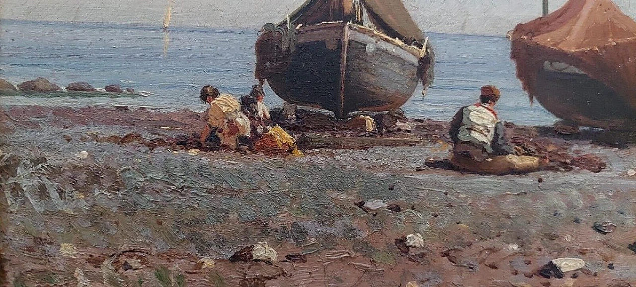 Augusto Corelli, fishermen, oil painting on panel, late 19th century 6