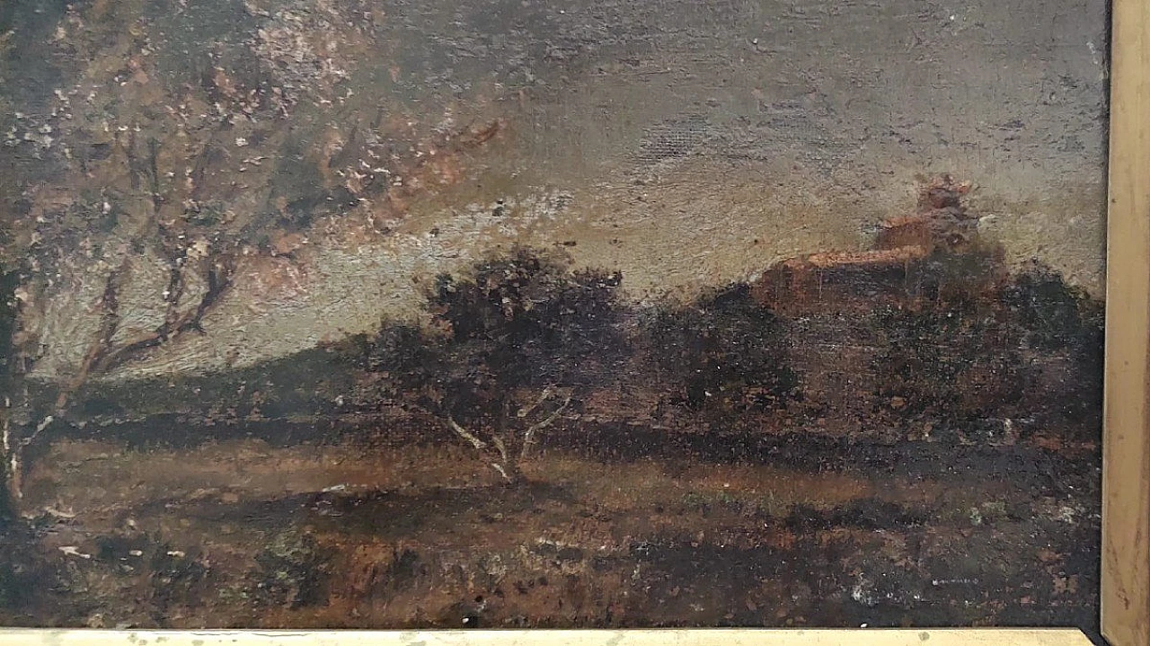 Paesaggio con alberi e castello, dipinto a olio su tela, '800 1