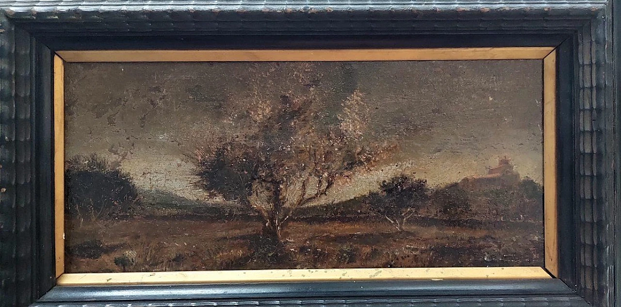 Paesaggio con alberi e castello, dipinto a olio su tela, '800 2