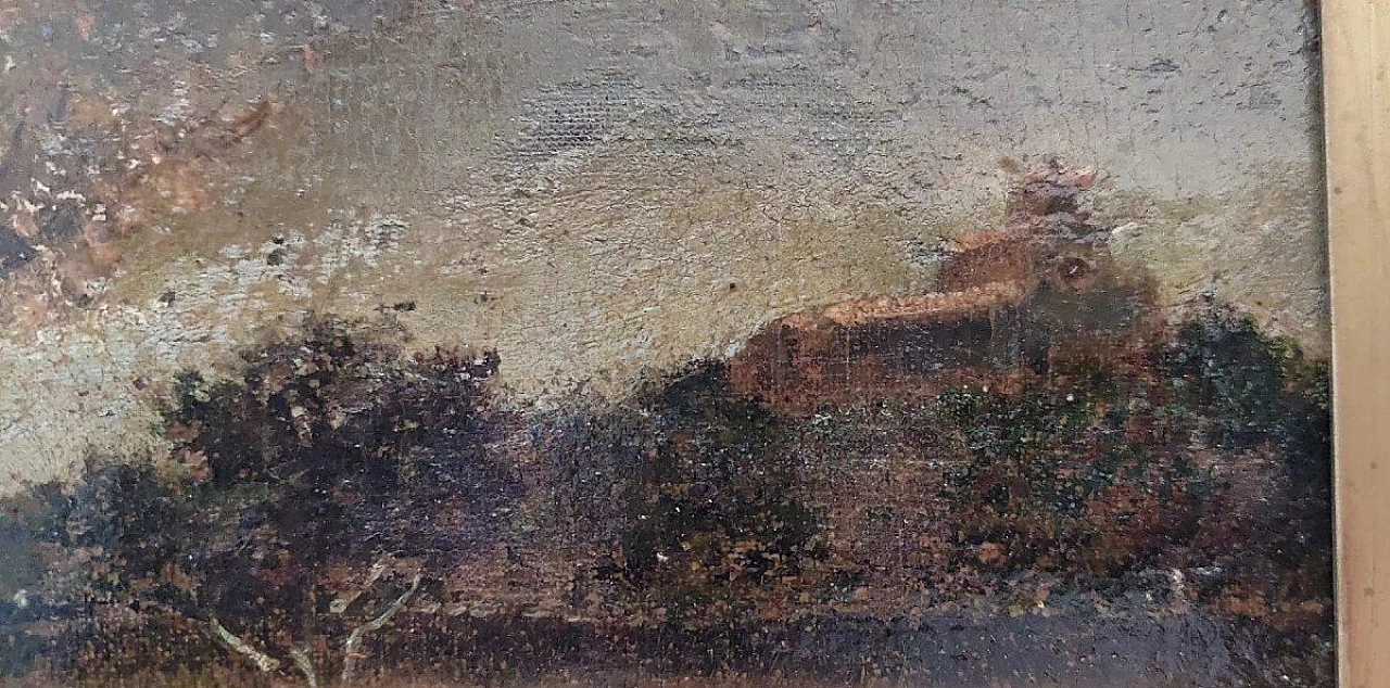 Paesaggio con alberi e castello, dipinto a olio su tela, '800 6