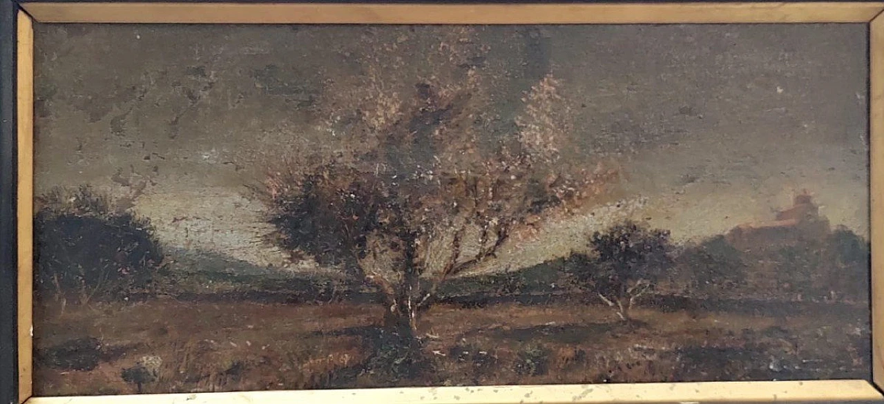 Paesaggio con alberi e castello, dipinto a olio su tela, '800 8