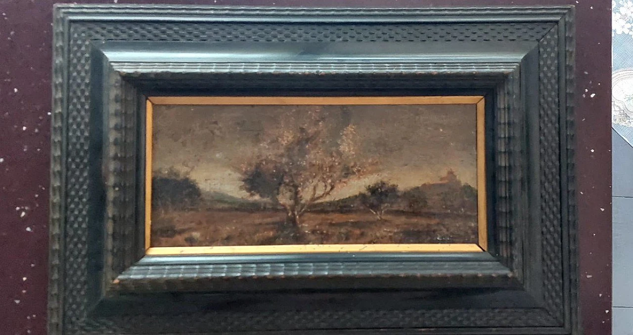 Paesaggio con alberi e castello, dipinto a olio su tela, '800 10