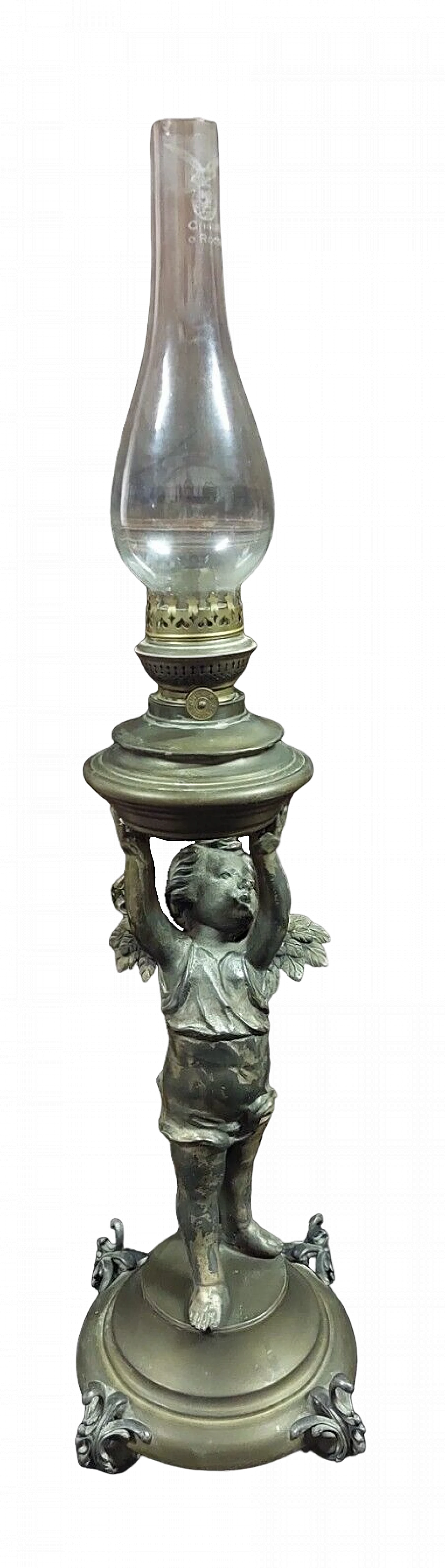 Antimony and brass oil lamp with winged putto, 19th century 16