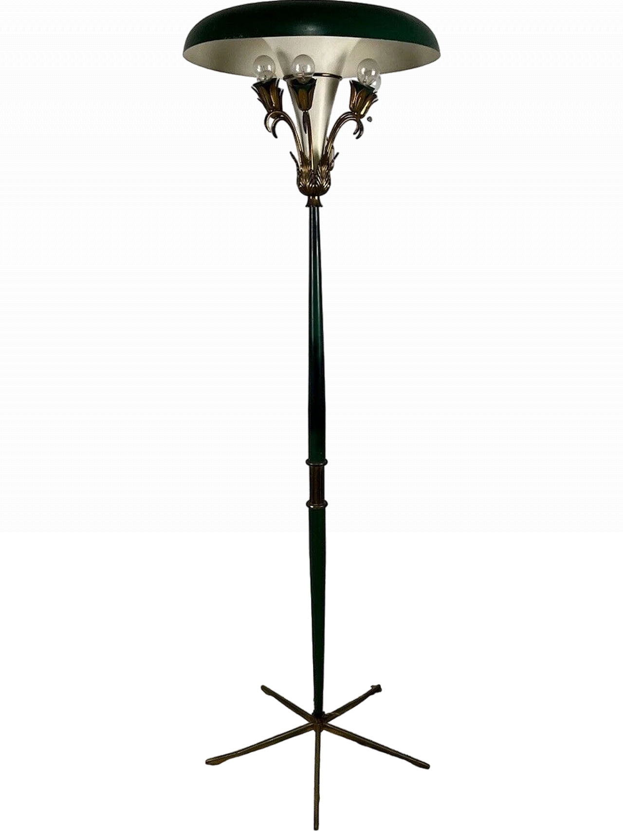 Green metal and brass floor lamp, 1950s 2