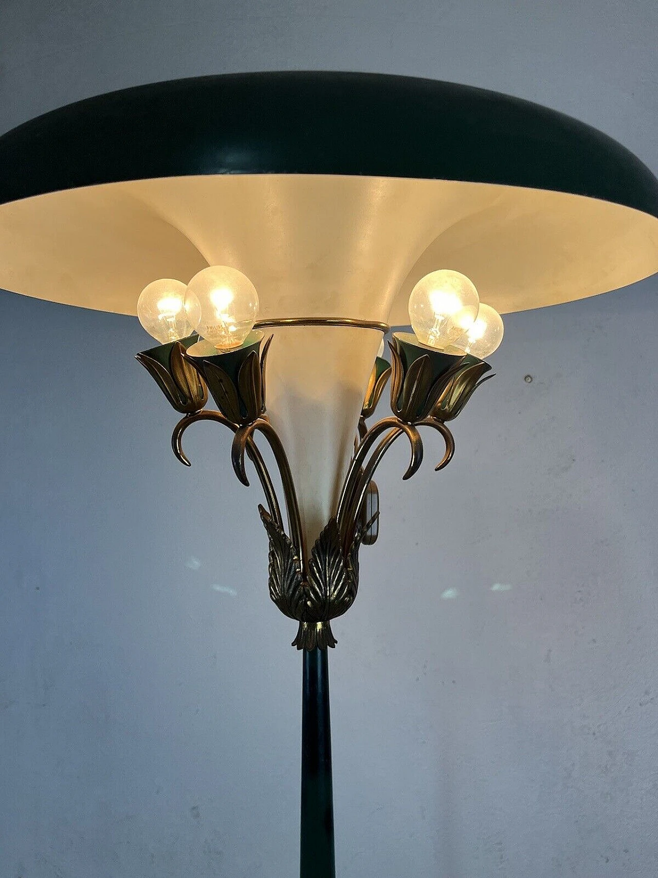 Green metal and brass floor lamp, 1950s 7