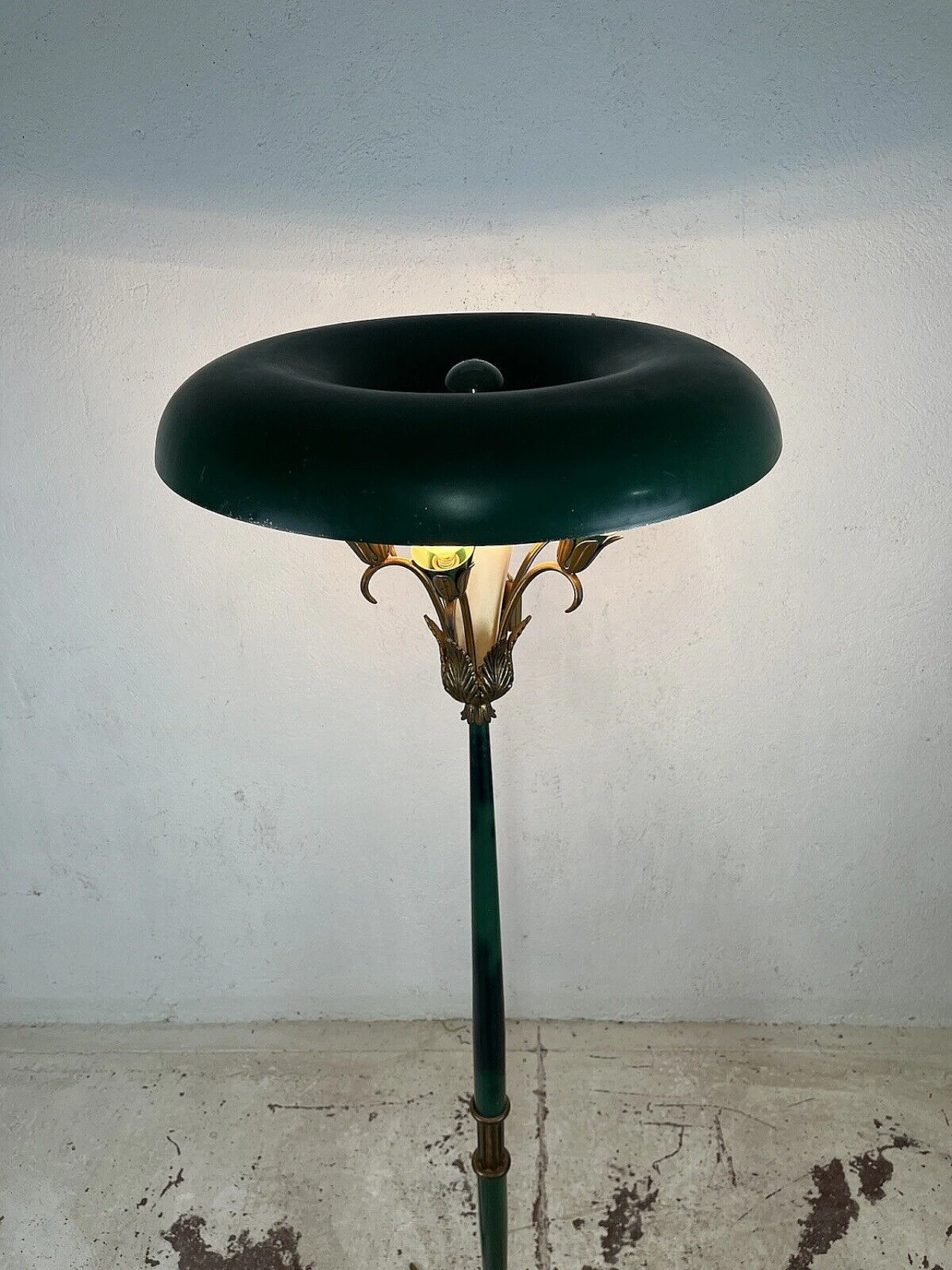 Green metal and brass floor lamp, 1950s 9