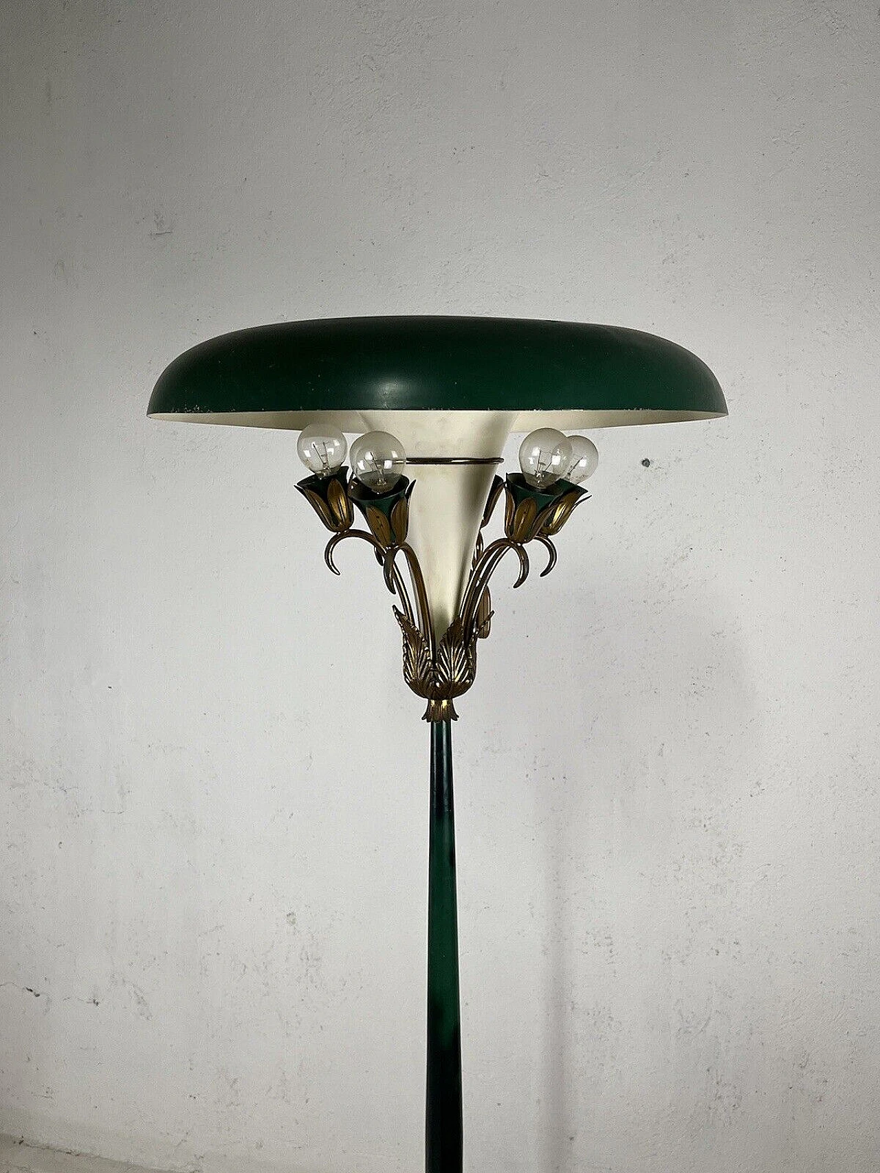 Green metal and brass floor lamp, 1950s 10