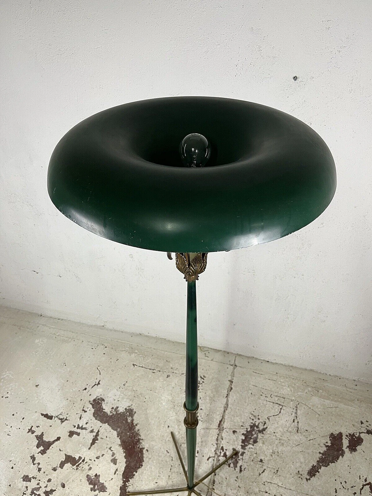 Green metal and brass floor lamp, 1950s 11