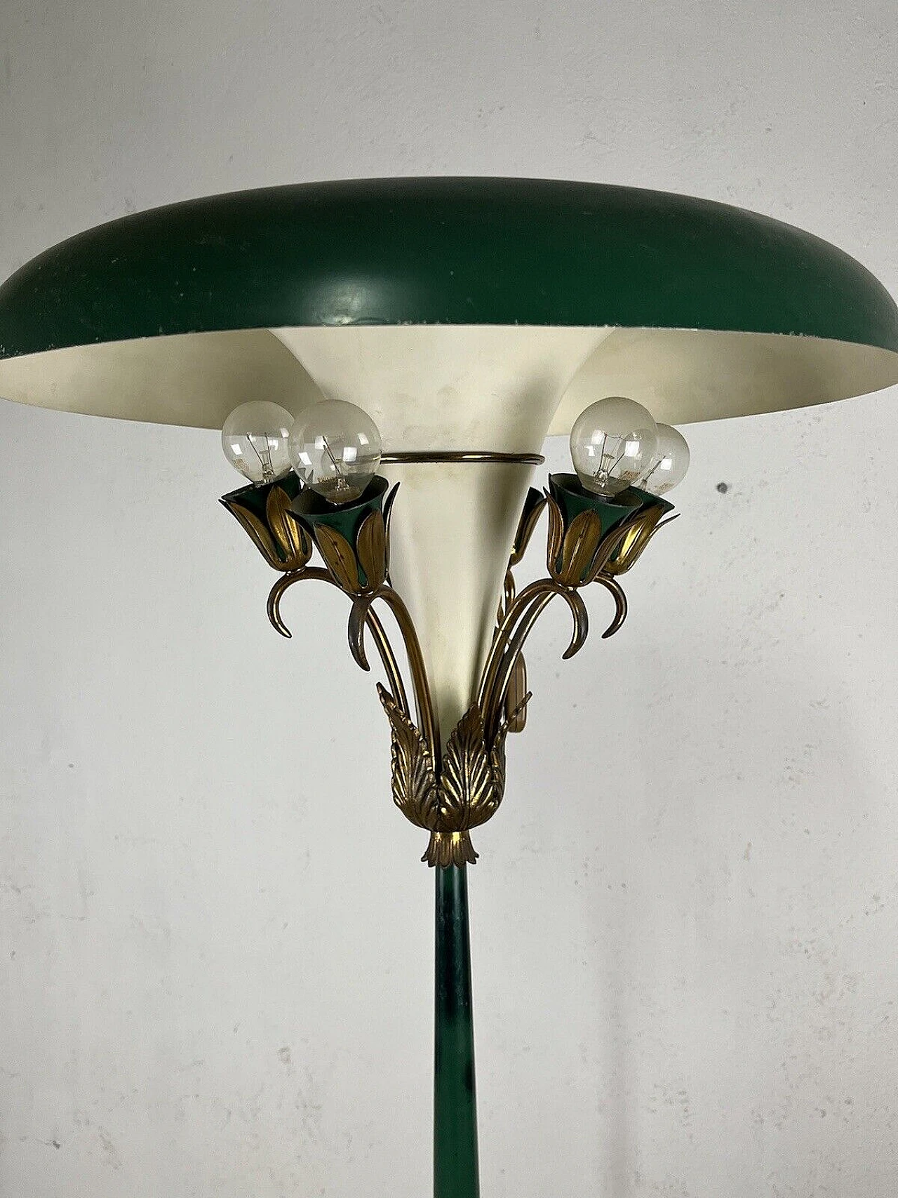 Green metal and brass floor lamp, 1950s 12