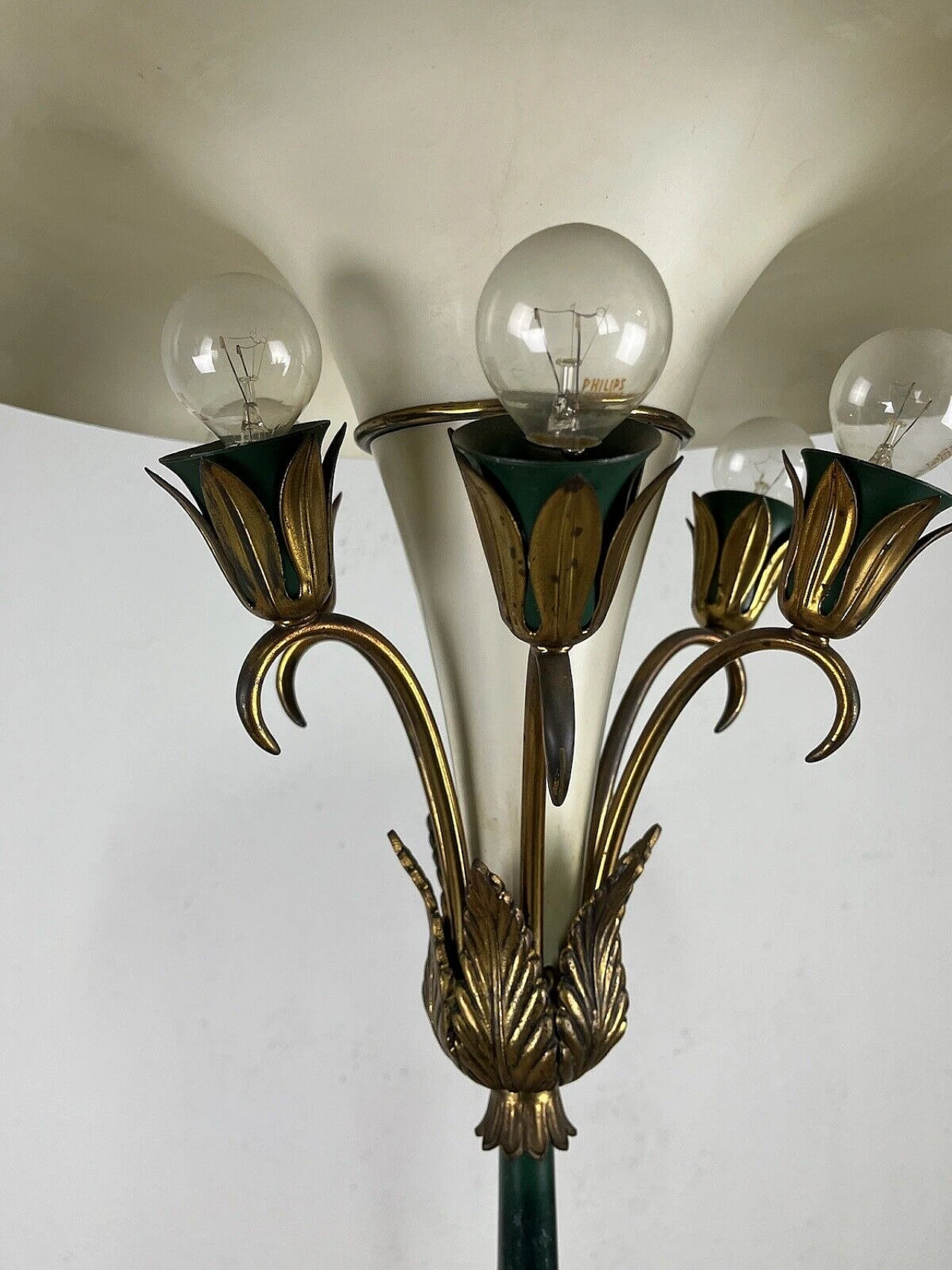 Green metal and brass floor lamp, 1950s 13