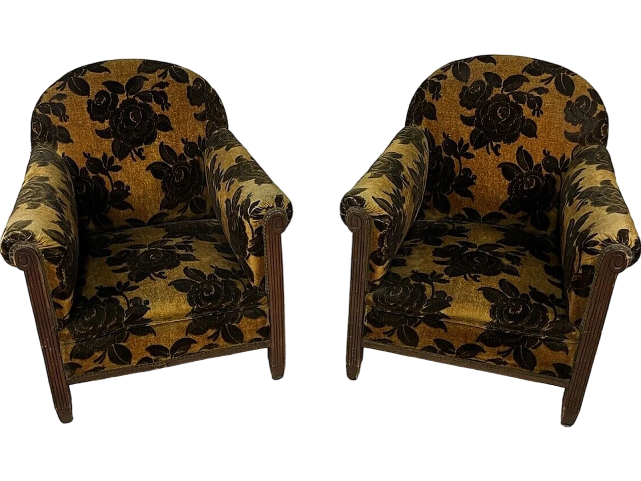 Pair of wood and damask velvet armchairs, 1930s 2