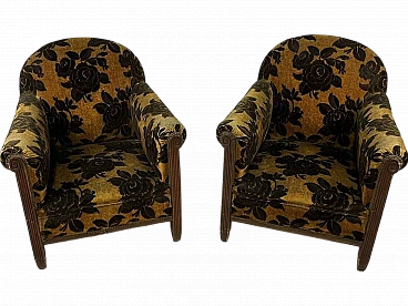 Pair of wood and damask velvet armchairs, 1930s