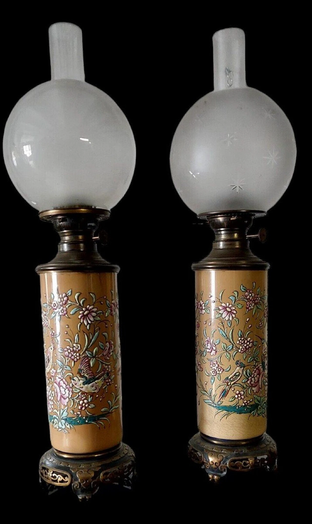 Pair of bronze and glazed ceramic oil lamps, early 20th century 1