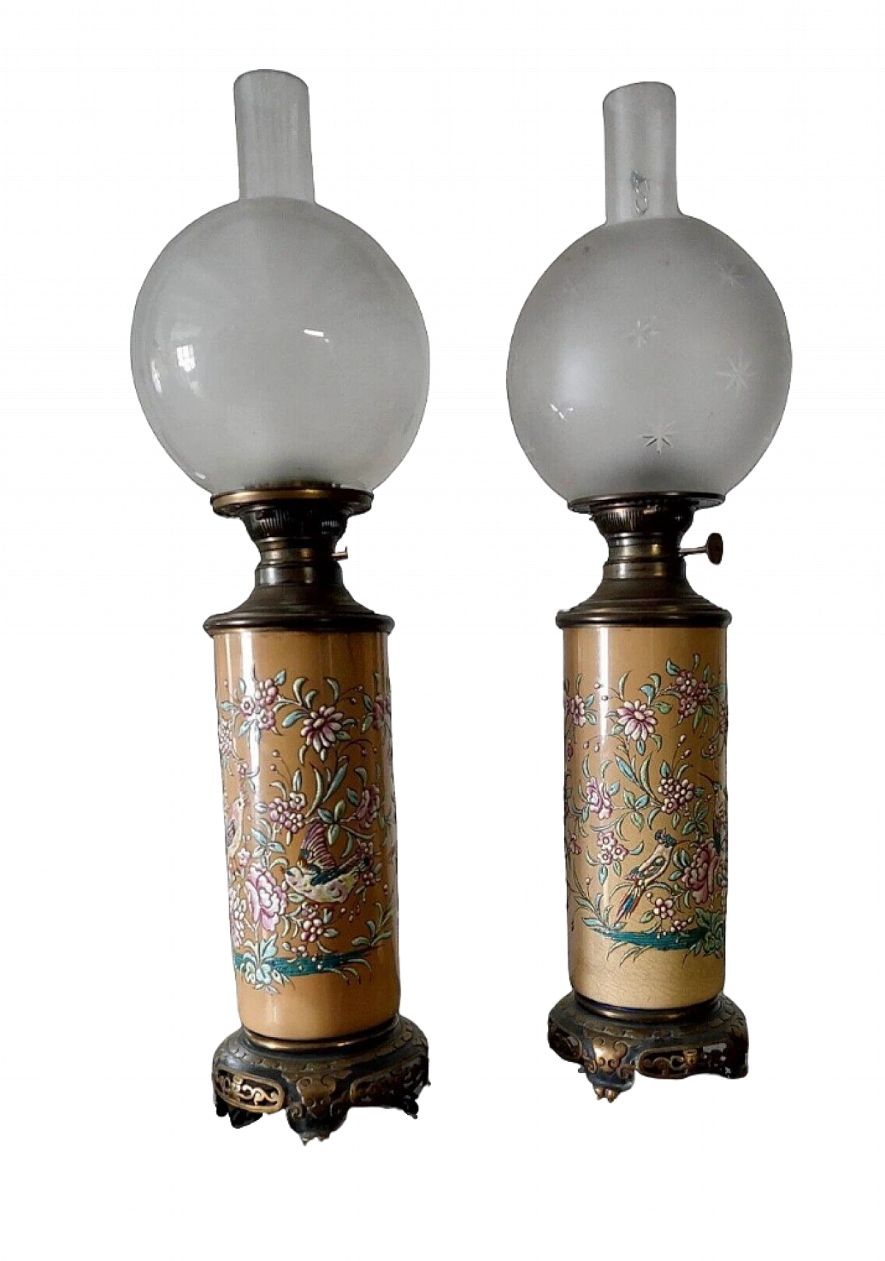 Pair of bronze and glazed ceramic oil lamps, early 20th century 14