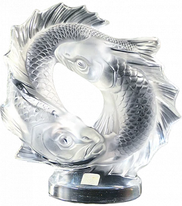 Scultura di coppia di carpe koi in cristallo di Lalique, anni '70