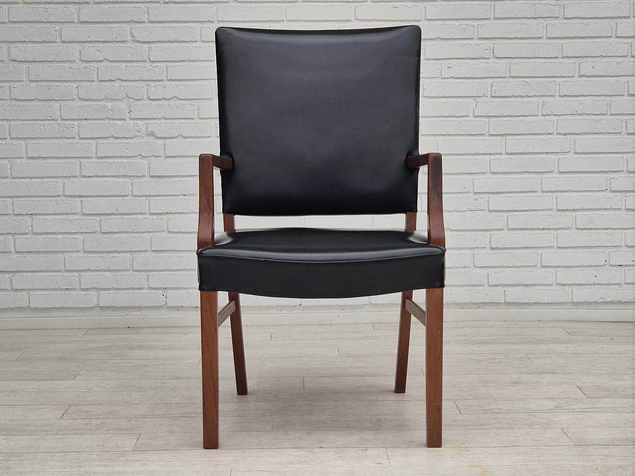 Danish teak and black faux leather armchair, 1960s 7