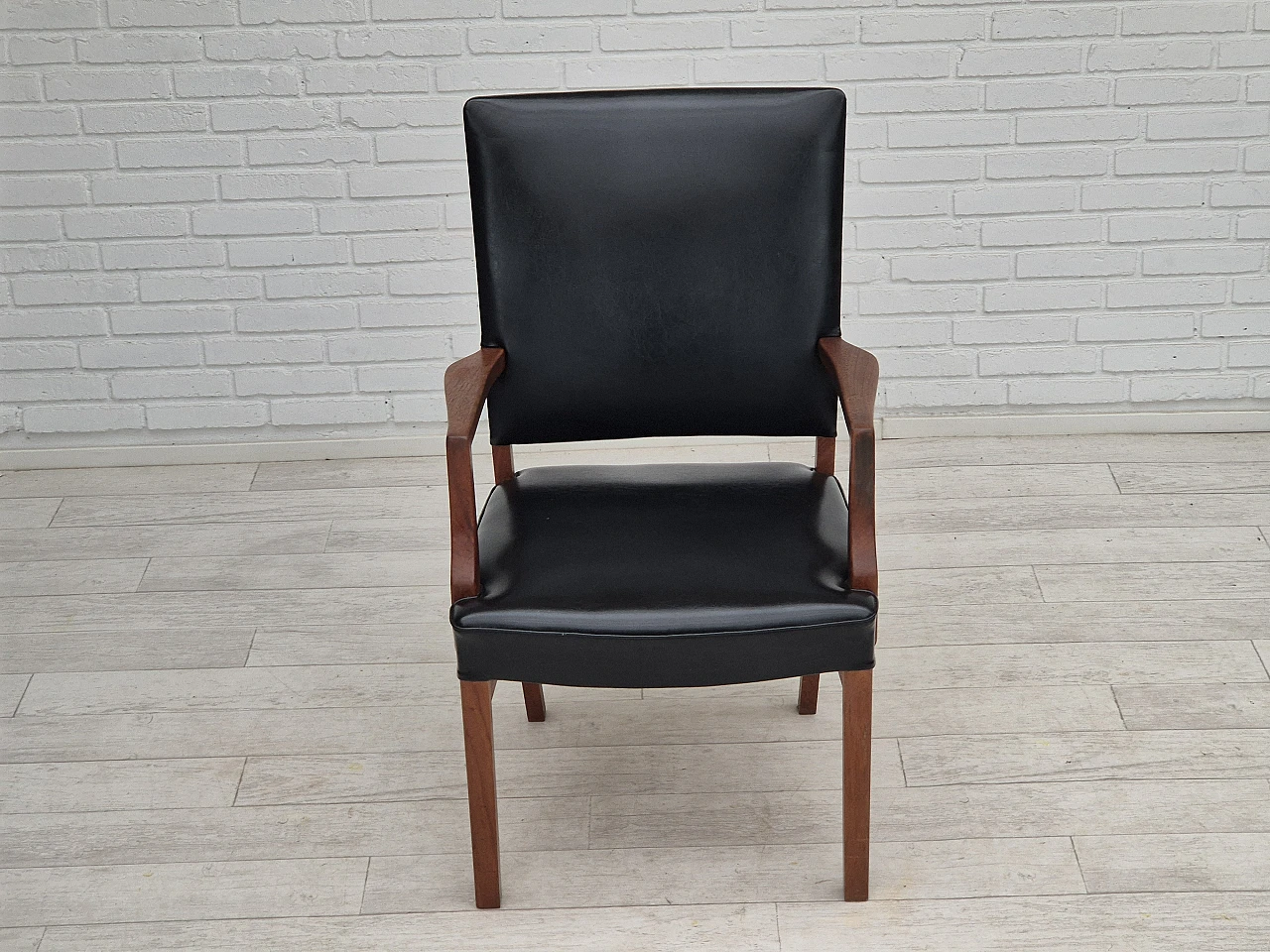 Danish teak and black faux leather armchair, 1960s 8