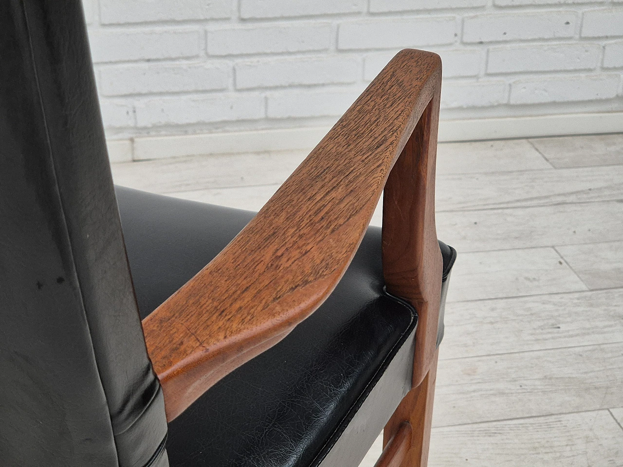 Danish teak and black faux leather armchair, 1960s 10