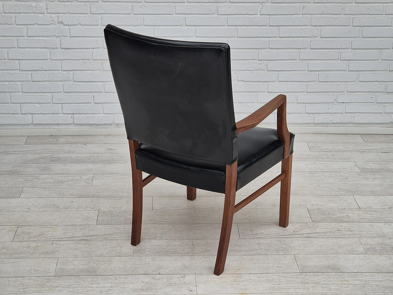 Danish teak and black faux leather armchair, 1960s 11