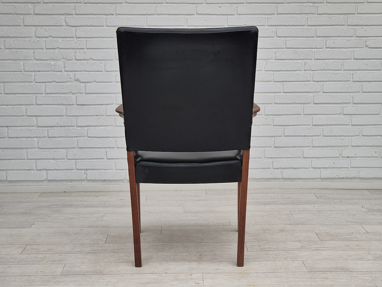 Danish teak and black faux leather armchair, 1960s 12