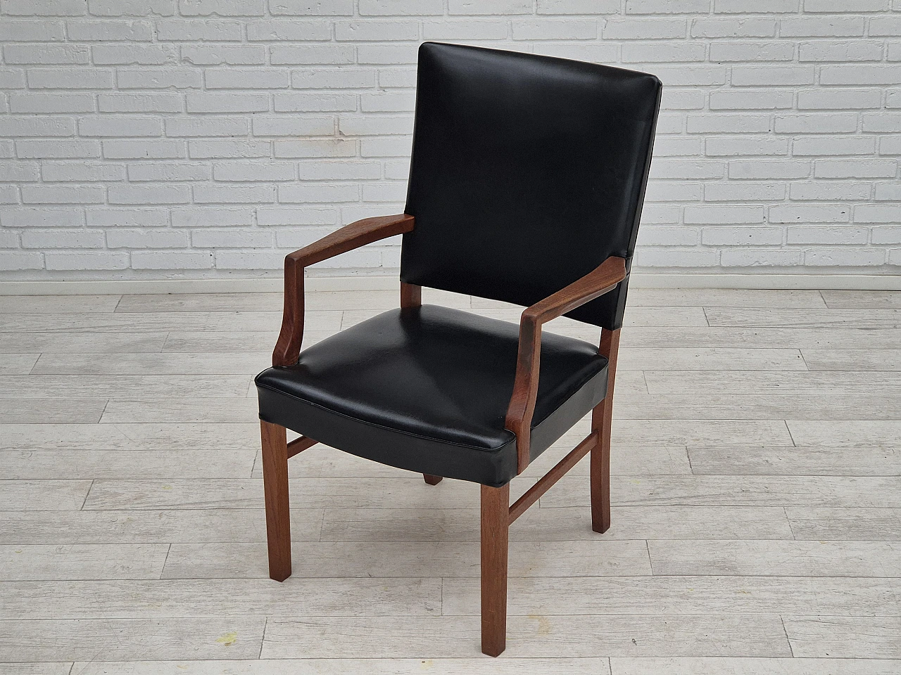 Danish teak and black faux leather armchair, 1960s 14