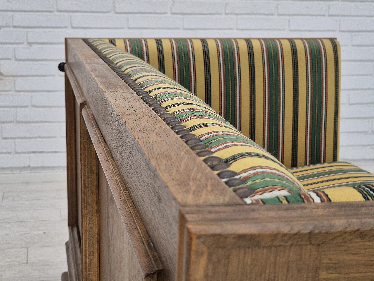 Danish wool and oak sofa with reclining armrests, 1960s 12