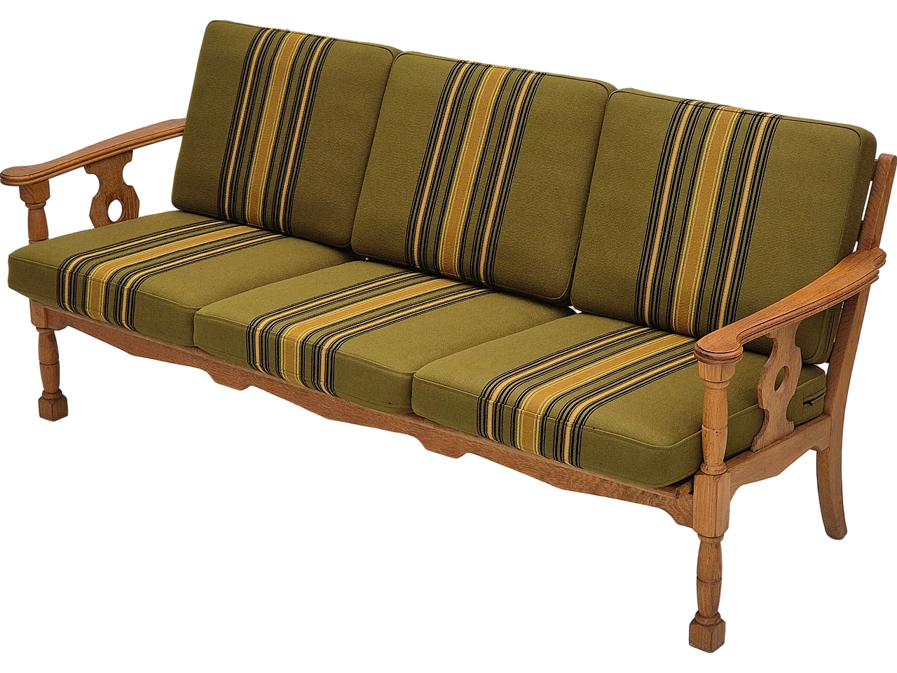 Danish three-seater green wool fabric and oak sofa, 1970s 21