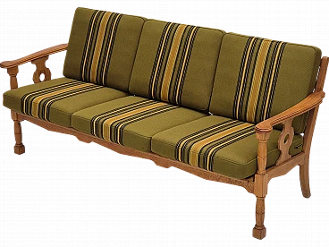 Danish three-seater green wool fabric and oak sofa, 1970s