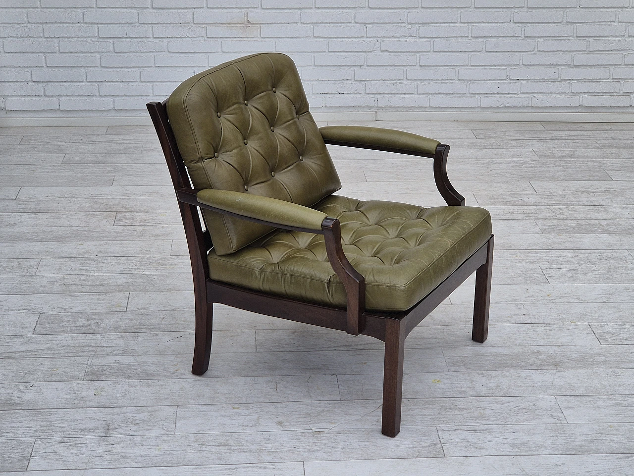 Scandinavian teak and green leather armchair, 1970s 1