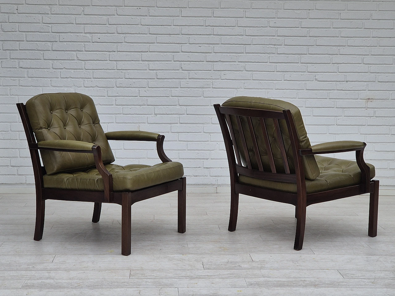 Scandinavian teak and green leather armchair, 1970s 3