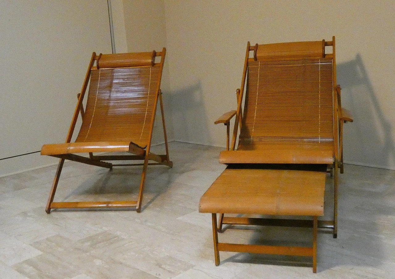 Bamboo folding deckchair and chaise longue, 1950s 1