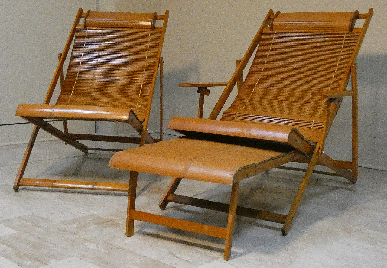 Bamboo folding deckchair and chaise longue, 1950s 3