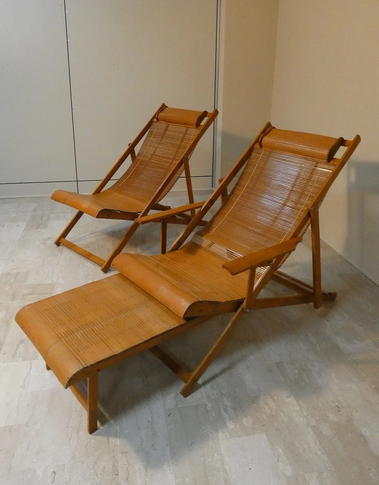 Bamboo folding deckchair and chaise longue, 1950s 4