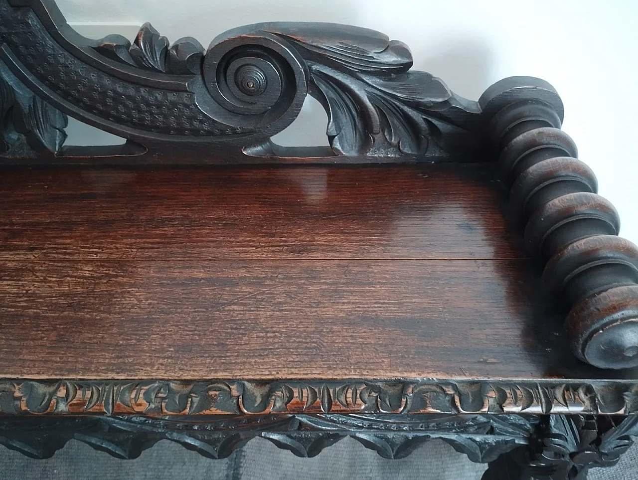 Victorian oak bench with carvings, 19th century 11