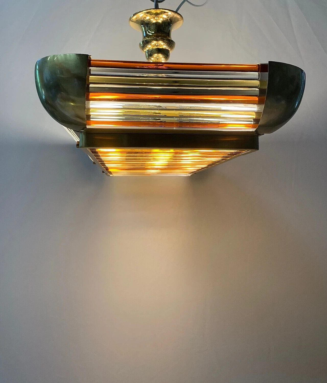 Lampadario Art Deco in ottone e vetro di Murano, anni '30 2