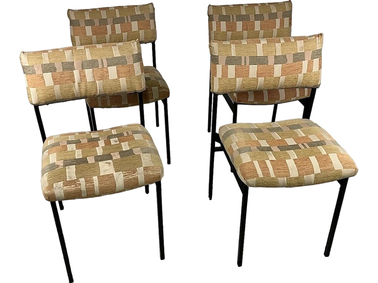 4 Chairs in black metal and checkered fabric, 1960s 2