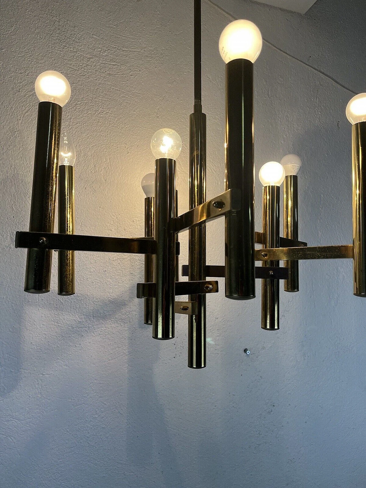 Lampadario a nove luci in ottone di Sciolari, anni '70 6