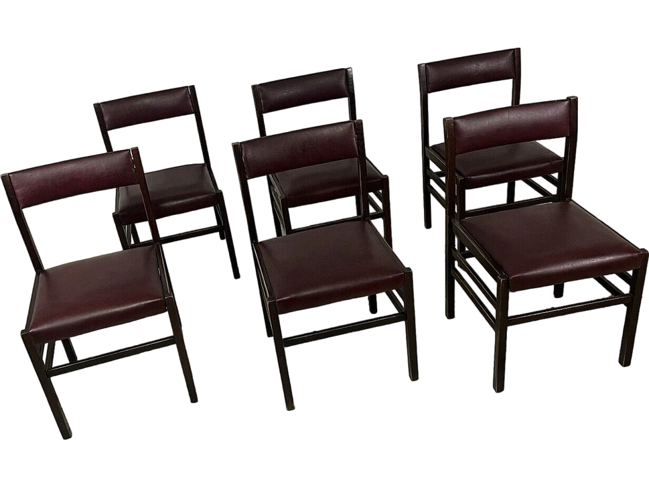 6 Chairs in rosewood and burgundy leather, 1960s 2