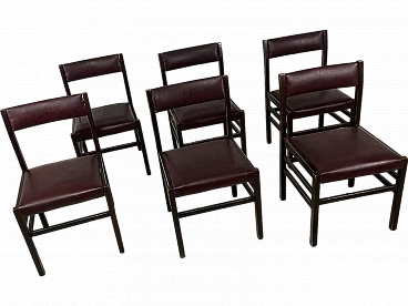 6 Chairs in rosewood and burgundy leather, 1960s