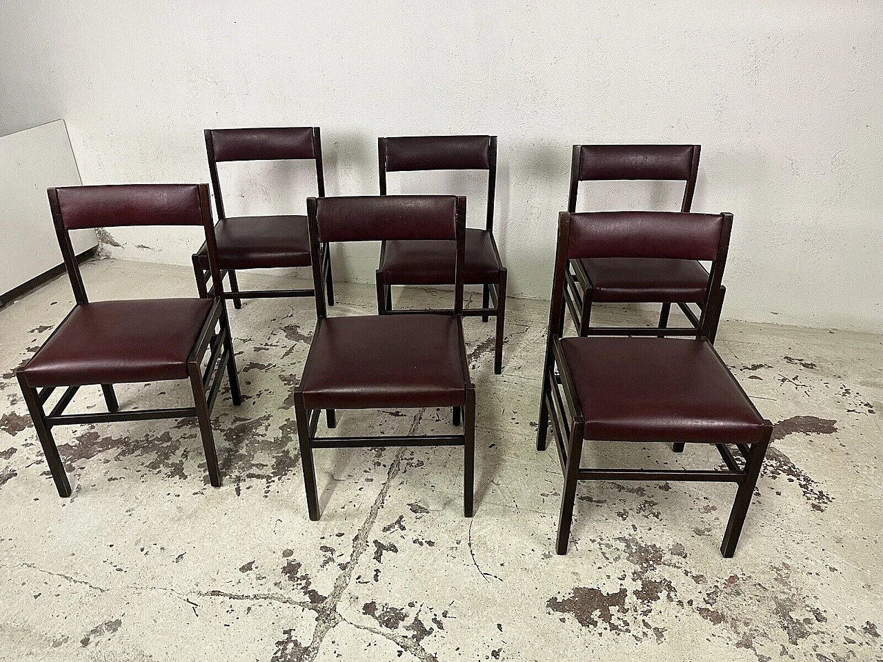 6 Chairs in rosewood and burgundy leather, 1960s 3