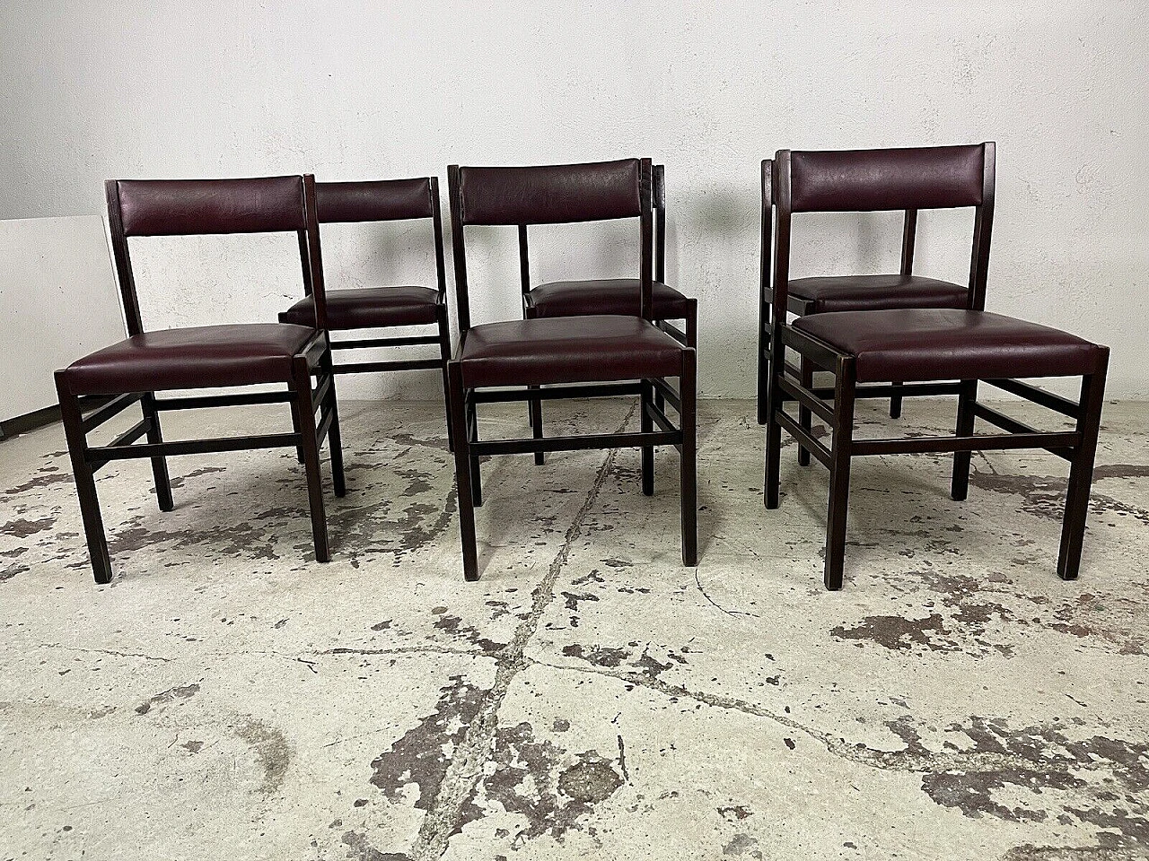 6 Chairs in rosewood and burgundy leather, 1960s 14