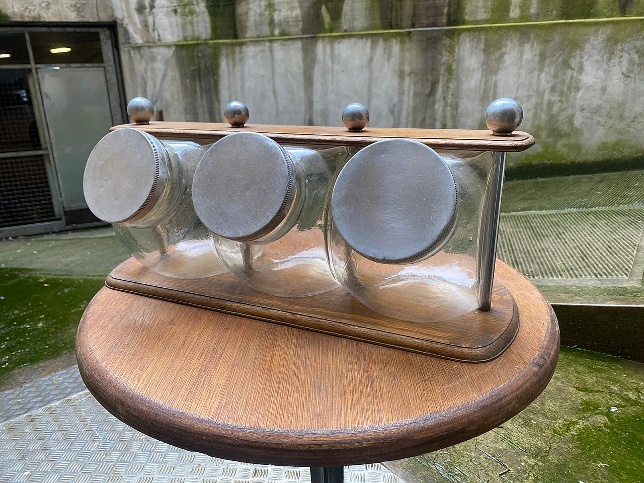 3 Glass cookie jars on wood stand, 1930s 1