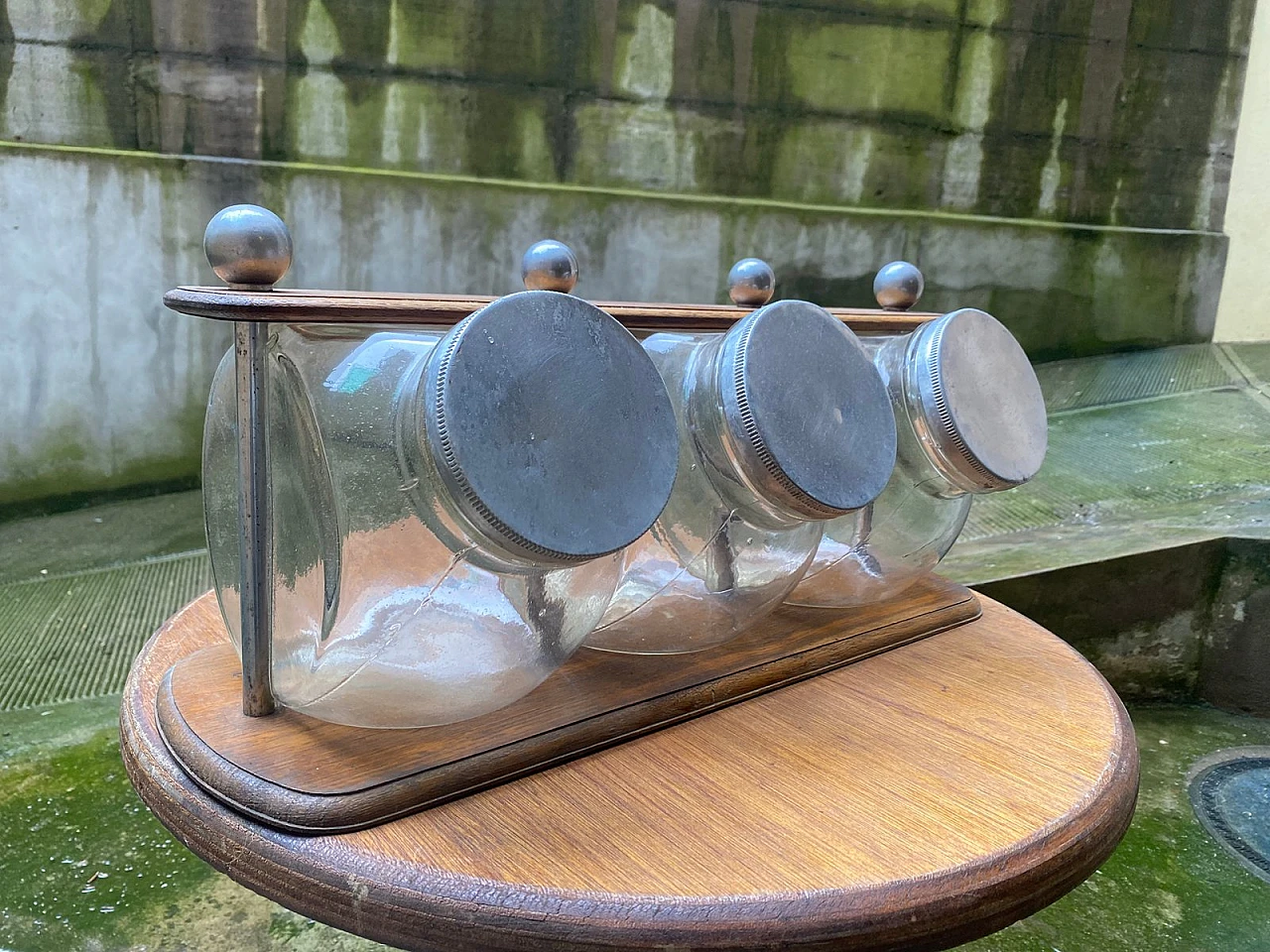 3 Glass cookie jars on wood stand, 1930s 2